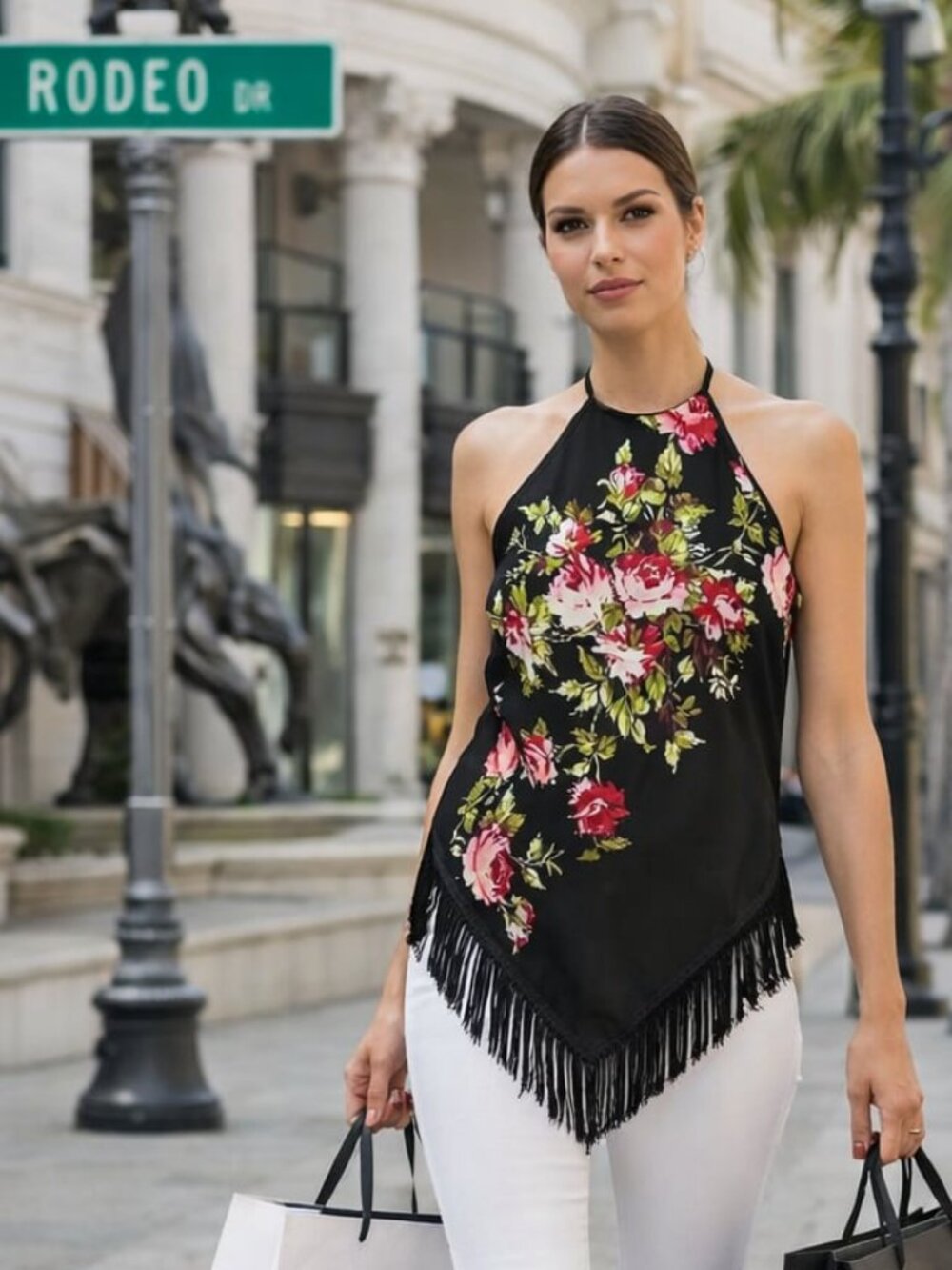 Vint Y2K NICOLE MILLER Silk Fringe Scarf Tunic Top Black Pink Roses 10